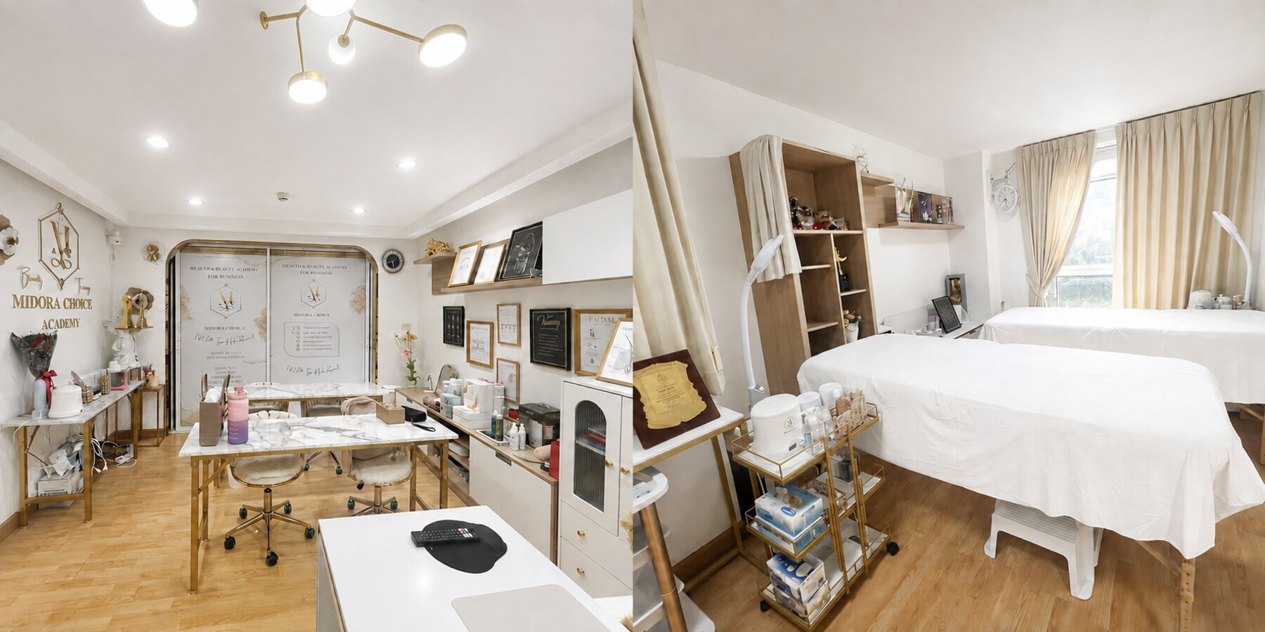 ห้องเรียนทฤษฎีและห้องฝึกปฏิบัติจริงในช่วงกลางวัน พร้อมเปิดไฟภายใน สำหรับหลักสูตรเรียนแว็กซ์มืออาชีพที่ Midora Choice Academy กรุงเทพ